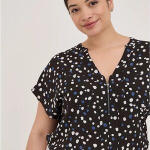TORRID Black Georgette Top with White and Blue Polka Dots